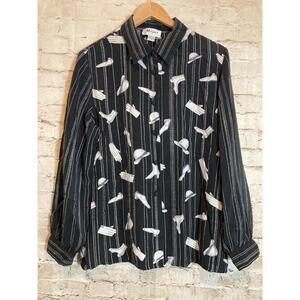 Vintage Misho Silk Top Womens 16 Black Debutante Fashion Print Button Up Plus